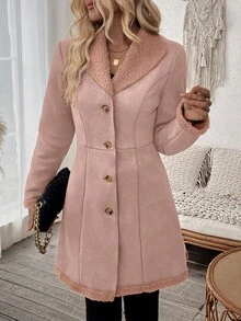 SHEIN Clasi Women's Solid Color Lapel Long Sleeve Front Button Casual Jacket Thermal,Fall