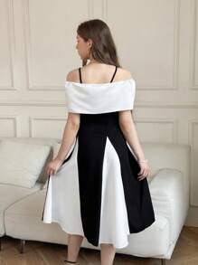 少女撞色褶饰优雅露肩夏装 - 彩色 - 查看 2