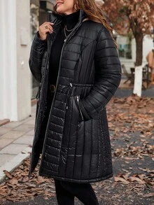 SHEIN Clasi Áo khoác dài chần bông có khóa kéo cỡ lớn dành cho nữ, mùa thu/đông - màu đen - Xem 6