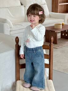 DAZY 女婴喇叭牛仔裤，休闲百搭长裤，秋冬 - 藍色 - 查看 5