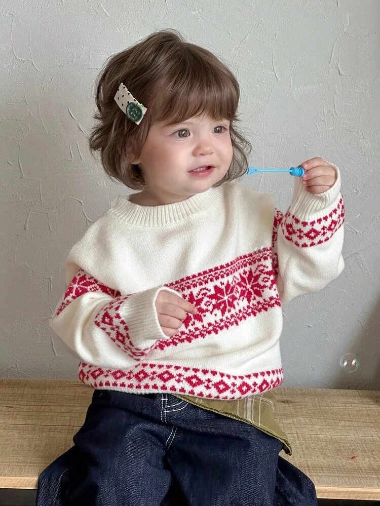Toddler Girls' Round Neck Christmas Atmosphere Knit Sweater, Korean Style, Autumn/Winter