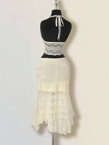SHEIN ICON Conjunto de verano y primavera para mujer con falda asimétrica de cintura baja con volantes y top halter de cuello anudado de encaje jacquard texturizado en estilo bohemio retro y sexy en color albaricoque - Albaricoque - Ver 11