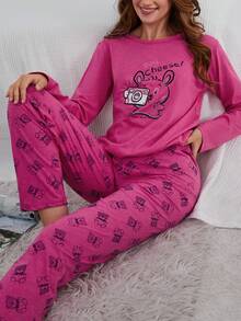 RueChic 100% Cotton 2Pcs  Animal Printed PJ Set - Hot Pink - View 3