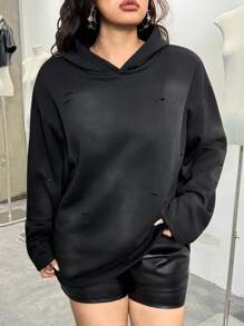 SHEIN EZwear Plus Size Casual Loose Minimalist Long Sleeve Hoodie Sweatshirt - Black - View 3
