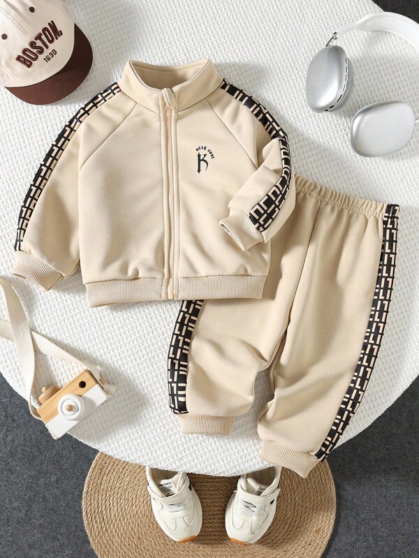 2pcs Baby Boy/Girl Casual Sports Outfit, Loose Fit Letter Graphic Print Decor Zip-Up Jacket And Pants Set, Suitable For Outings, School, Daily Gatherings, Autumn/Winter Back To School Outfits, Fleece Thickened Fall