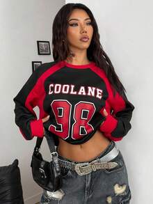 Coolane 女士秋冬街头运动休闲图案撞色长袖卫衣