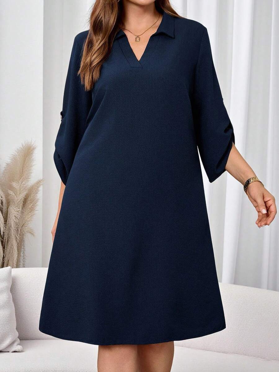 EMERY ROSE Plus Size Women's Solid Turn-Down Collar Casual Loose 3/4 Sleeve Dress Plus Size Navy Blue Dress,Autumn,Fall Women's Clothes,Fall Clothes For Women
