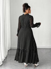Elenzga 大码女式优雅V领波尔卡圆点长袖连衣裙 - 黑色 - 查看 2