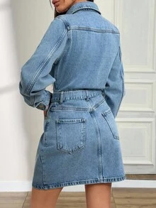 EURMUSE LONG SLEEVE MINI DENIM DRESS WITH BELT - Light Wash - View 2