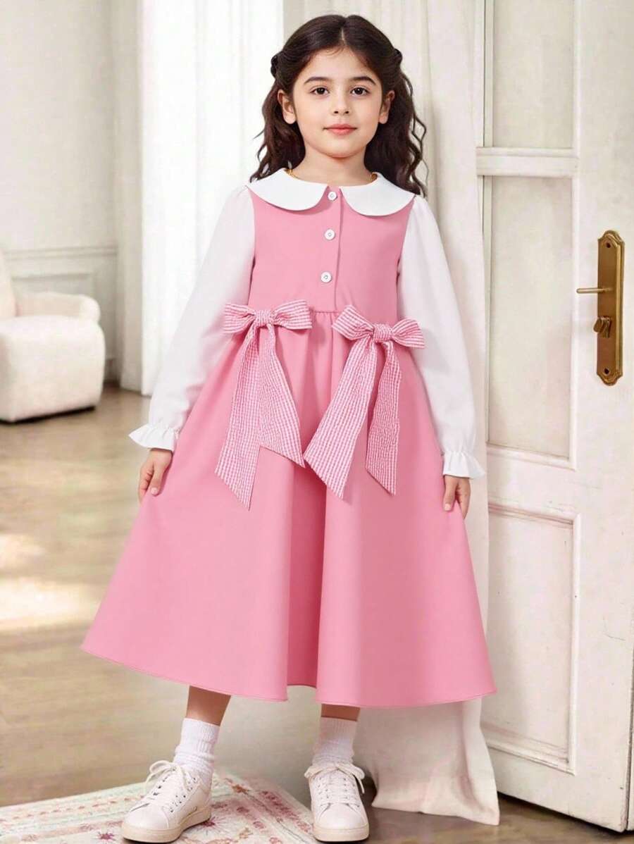 SHEIN Young Girls' Cute & Sweet Peter Pan Collar Bow Dress Fall Winter - Pink - View 1