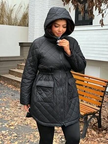 SHEIN EZwear 2025秋冬新款休闲连帽绗缝复合面料保暖可调节腰部长袖中长宽松大码加厚外套，适合外出、日常、聚会、约会等多种场合 - 黑色 - 查看 6