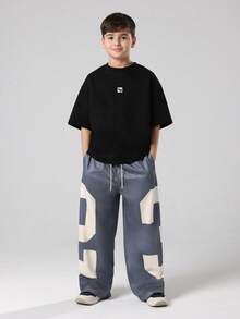 SUMWON Youth Loose Fit Modern Color Block Wide Leg Sweatpants Casual Drawstring Bottoms Fall Winter Fashion Pants Streetwear - Dark Grey - View 3