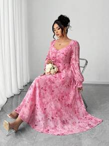 Elenzga Plus Size Women's Elegant Square Neck Ditsy Floral Waist Cinched A-Line Long Sleeve Dress Fall Cloth For Women - Pink - View 6
