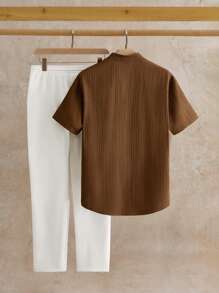 HIMLAND 2pcs Men's Casual Stand Collar V-Neck Short Sleeve Shirt Top And Bottom Set, Linen Summer Set, Old Money, Cozy Outfits