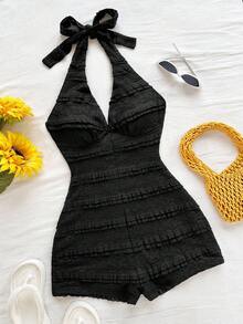 Soleia Women's Vacation White Knit Lace Texture Deep V Neck Tie Waist Jumpsuit, Slim Fit, Suitable For Party, Valentine's Day, Date, Layering, Beach Vacation, Boho Swimsuit Dress Black Vacation Dress Black Dress Summer Black Summer Romper Ruffle Romper Halter Neck Romper Black Vacation Romper Sexy Black Romper Sexy Summer Romper Black Halter Romper Ruffle Lace Romper Swimsuit Romper Summer Spring Valentine's Day Casual Vacation  Beach Wedding Birthday Going Out Elegant Casual Vacation - Black - View 3