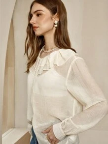 INAWLY Women's Apricot Double Ruffle Hem Long Sleeve Blouse Fall Cloth For Women - Apricot - View 5