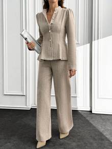 EURMUSE 2PCS, Herringbone Color, Slim Jacket & Straight Fit Pants - Beige - View 7