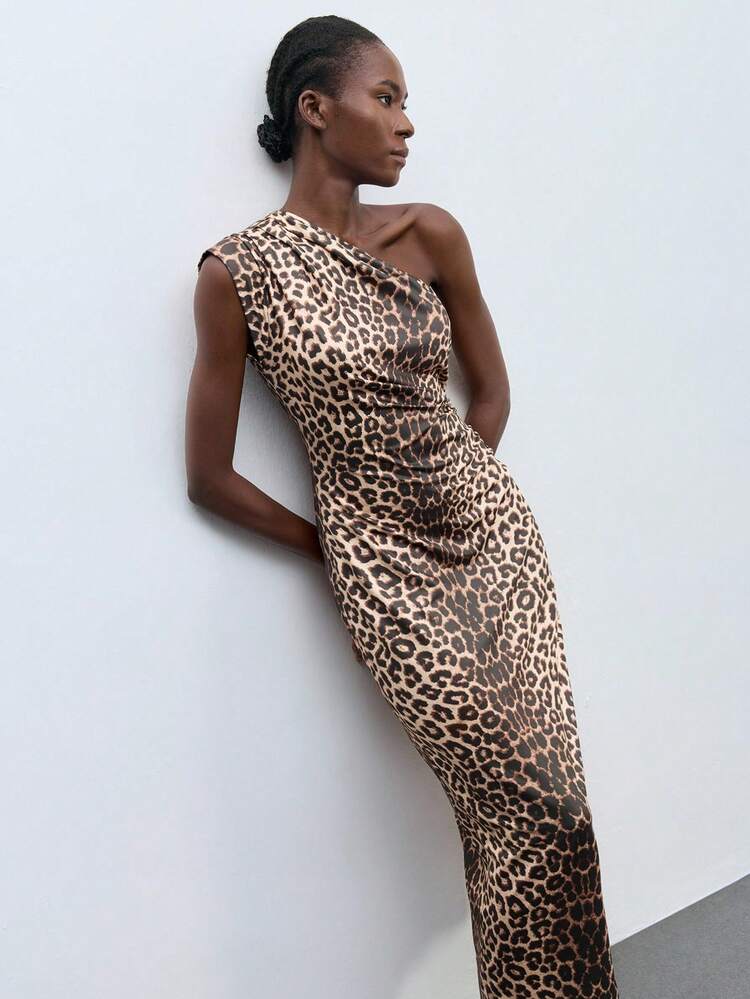 SHEIN Maija Women's Leopard Print Side Slit Dress, Fashionable One-Shoulder Leopard Print Dress One Shoulder Dress Animal Print Dress Leopard Dress One Shoulder Dresses