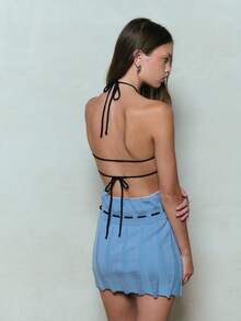 TypaGal Women's Chic Blue Striped Halter Bodycon Dress,Lace-Up Backless Flared Hem Knitted Streetwear,Autumn Vacation Grunge Y2k Clothes Punk Soft-Core Dress - Baby Blue - View 2