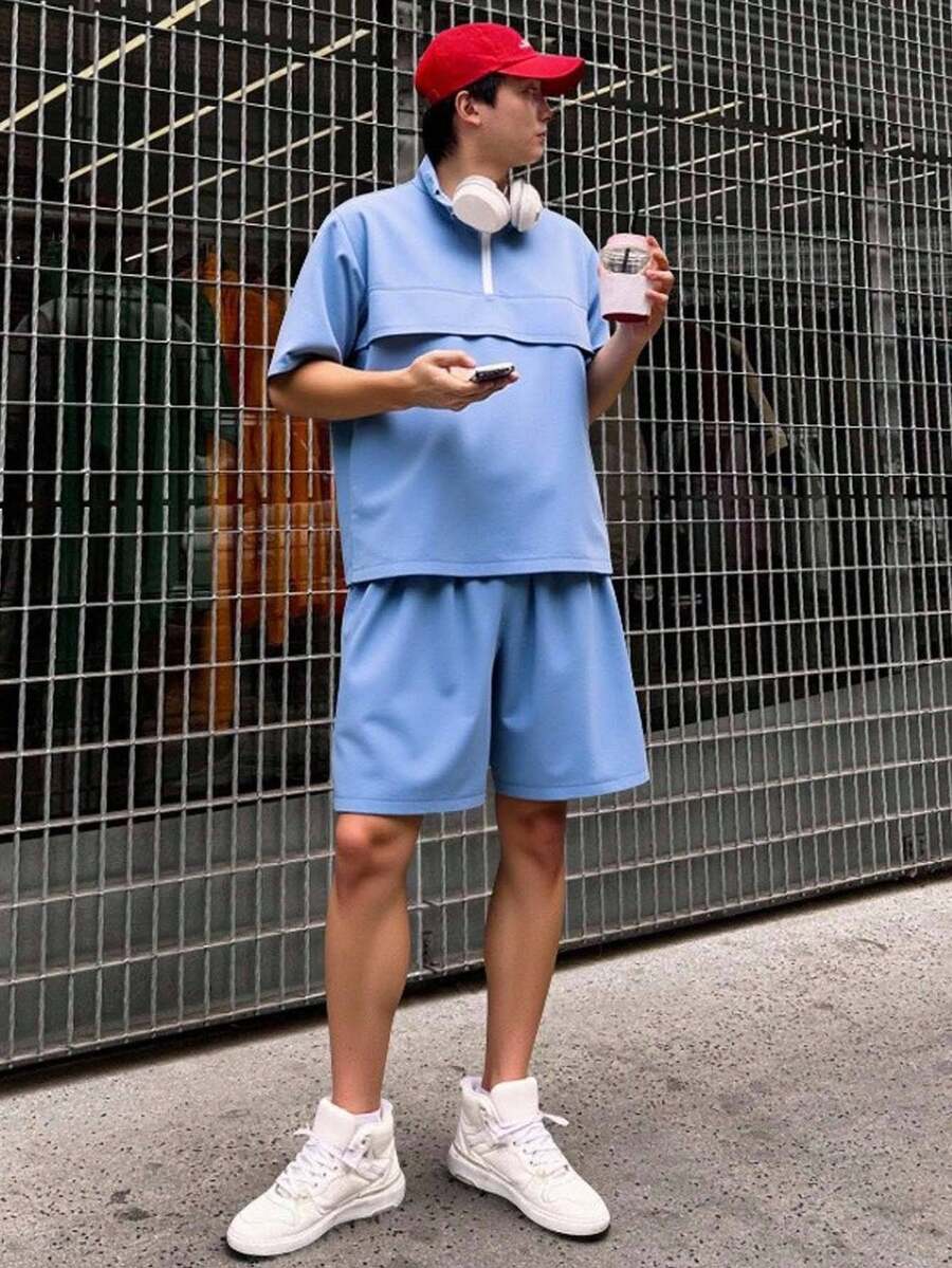 青少年男童休闲舒适百搭拉链短袖衬衫和短裤套装 - 藍色 - 查看 1