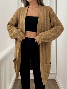 SHEIN Tall Tall Women Casual Autumn Winter Cable Knit Solid Cardigan,Long Cardigans Woman,Petite Cardigans,Cardigans - Brown - View 4