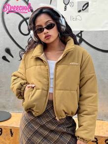 SHEIN Explorewe Teen Girl One Piece Retro Short Stand Collar Padded Coat, Casual Padded Coat, Suitable For Autumn/Winter Daily Wear, Great For School, Outing Or