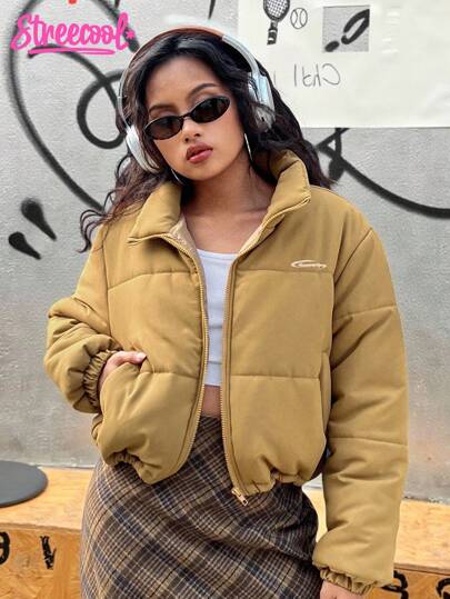 SHEIN Explorewe 青少年女孩一件式复古短立领棉衣，休闲棉衣，适合秋冬季日常穿着，非常适合上学、外出或