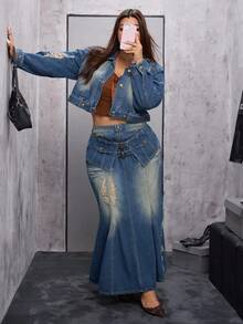Rivivi Váy denim cổ điển màu xanh đậm phong cách nhóm nhạc nữ K-Pop cỡ lớn dành cho nữ, không co giãn - Rửa tối - Xem 7