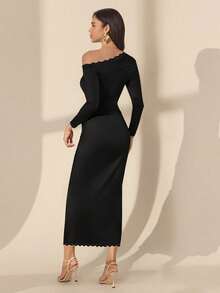 Chiquease Women's Elegant Lace Patchwork Oblique Shoulder Slim Fit Long Dress, Black Fall Cloth For Women - Black - View 2