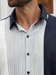 Manfinity Homme Herren Große Größen Gestreiftes Kurzarm Einreiher Hemd und Shorts Lässig anzug, Sommer - Verschiedenfarbig - Übersicht 2