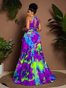 Maweii Váy maxi hở lưng in họa tiết nhuộm loang dành cho nữ cỡ lớn - Nhiều màu - Xem 5