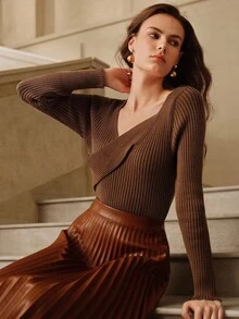 SHEIN Unity 束腰合身纯色长袖不对称领口针织汗衫 - 棕色 - 查看 4
