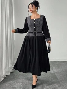 Modelyn Vestido Romântico Elegante de Xadrez Retalhos em Plus Size - Preto - Visão 5