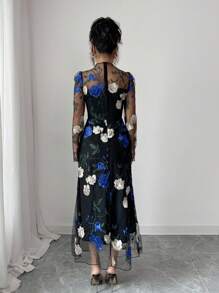 Elenzga 女士优雅时尚通勤休闲舒适迷人复古派对假日修身网眼 3D 刺绣花裙（随机印花） - 黑色 - 查看 2