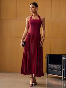MOTF PREMIUM 褶饰挂脖连衣裙 - 酒紅色 - 查看 5