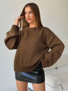 Aloruh Women's Casual Versatile Solid Color V-Neck Loose Knit Sweater In Fall/Winter,Brown Sweater - Brown - View 4