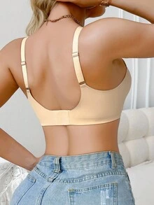 SHEIN 1 件套休闲舒适简约无缝网眼拼接轻质无钢圈柔软支撑女士文胸 - 杏色 - 查看 2