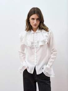Maija Blusa elegante de mujer con volantes y mangas acampanadas, estilo bohemio de unicolor - Blanco - Ver 2