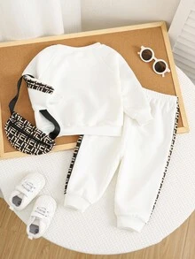 TaviRue 3pcs/Set Baby Boy Contrast Color Patchwork Crew Neck Sweatshirt, Sweatpants And Crossbody Bag Set Baby Boy Outfit Set Baby Boy Casual Set Baby Boy Streetwear Baby Boy Tracksuit Fall Winter