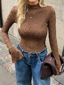 Elyressa Französisches Design strukturiertes Strick Damen T-Shirt - Kaffeebraun - Übersicht 1