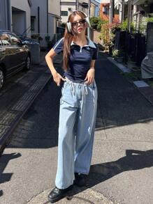 DAZY 字母图形对比领四分之一拉链 T 恤生活的意义在于拥有目标并实现目标努力变得更好 - 藏蓝色 - 查看 4