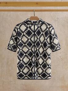Manfinity VCAY Men's Casual Dual-Color Diamond Pattern Turndown Collar Short Sleeve Cardigan, Fall, Winter - Multicolor - View 2