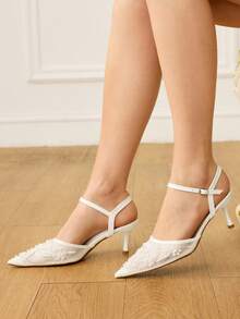 CUCCOO HITCHD 女士刺绣蕾丝串珠花朵尖头猫跟优雅浪漫性感白色网纱高跟鞋，礼服鞋，新娘婚鞋，适合下午茶、约会、派对、婚礼、正式场合 - 白色 - 查看 6