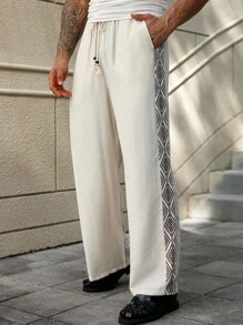 Manfinity Homme Pantaloni dritti casual da uomo taglie forti con stampa geometrica e patchwork, adatti per l'autunno - Albicocca - Visualizzare 4