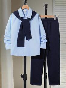 3pcs/Set Tween Boys' Casual Striped Collared Long Sleeve Loose Open Front Shirt, Solid Color Straight Leg Pants And Scarf, Suitable For School, Garden, Beach, Birthday In Spring, Summer, Autumn And Winter Seasons - Multicolor - View 1