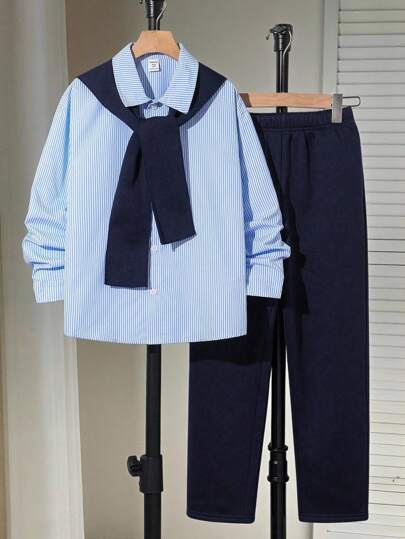 3 件套青少年男童休闲条纹领长袖宽松开襟衬衫、纯色直筒裤和围巾，适合春、夏、秋、冬季上学、花园、海滩、生日