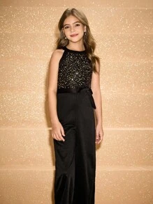 女童闪亮无袖连体裤，青少年派对、节日连体衣