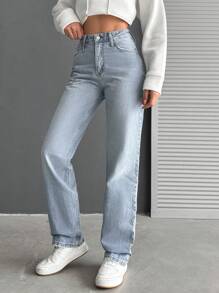 EURMUSE 100%Cotton High Waist Straight Leg Jeans - Blue - View 5