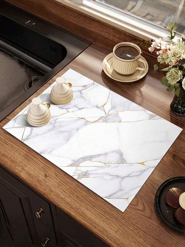 SHEIN 1 PC White Marble Pattern Kitchen Counter Mat, Dish Drying Mat, Coffee Bar Mat, Rubber Bottom Non-Slip Heat Resistant Drainage Mat, Highly Absorbent And Durable Dish Drying Pad, Suitable For Kitchen, Dining Room, Patio Table Decor, Kitchen Supplies