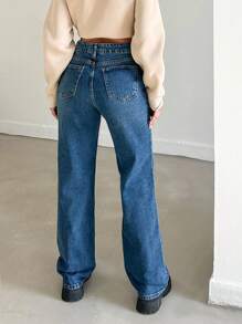 EURMUSE 100%Cotton Zipper Fly Straight Leg Jeans - Dark Wash - View 2